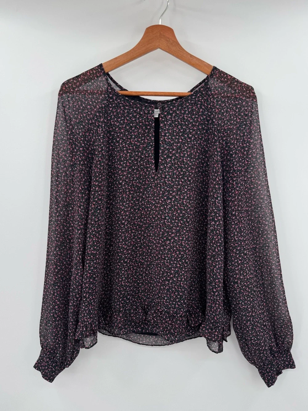 Rebecca Minkoff Women’s L Floral Blouse Black Pink Long Sleeve Sheer Neck Tie